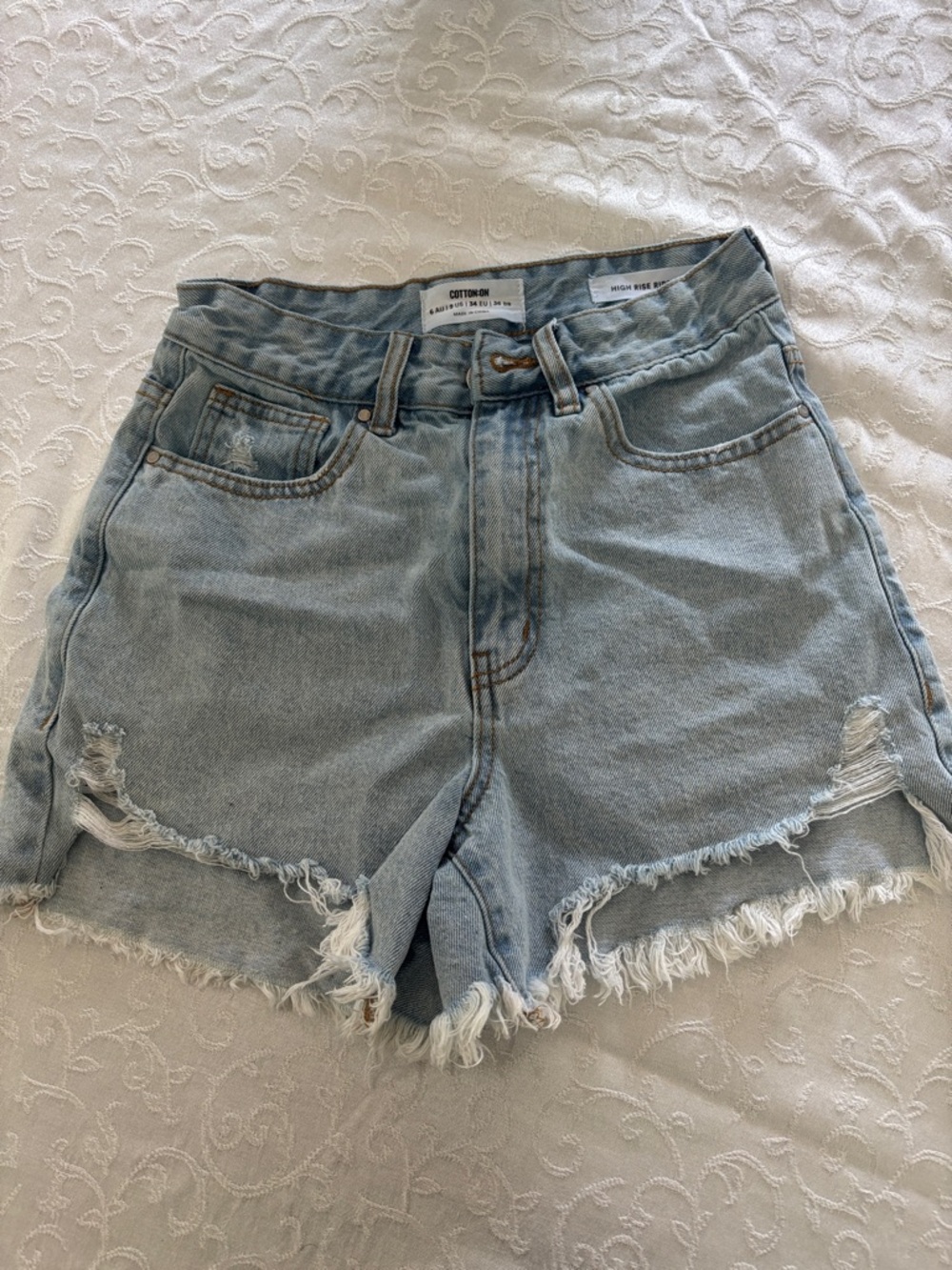 Cotton On Light Blue Distressed High-Rise Denim Shorts